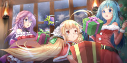 Rule 34 | ahoge, anemone (flower knight girl), azur lane, bare shoulders, black ribbon, blonde hair, blue eyes, blue hair, blush, box, capelet, christmas, christmas ornaments, christmas tree, closers, commentary request, crossover, dress, eighth note, eldridge (azur lane), eldridge (holy night&#039;s embrace) (azur lane), flower knight girl, fur-trimmed capelet, fur-trimmed dress, fur-trimmed sleeves, fur trim, gift, gift box, hair between eyes, hair ribbon, hands up, highres, holding, holding gift, indoors, lantern, long hair, long sleeves, multiple crossover, musical note, open mouth, parted lips, ponta (velmar), purple eyes, quarter note, red capelet, red dress, red eyes, ribbon, signature, star (sky), strapless, strapless dress, twintails, very long hair, violet (closers)