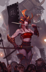 Rule 34 | 1girl, ape, armor, bare shoulders, helmet, highres, japanese armor, japanese clothes, kabuto (helmet), katana, licking, licking blade, licking weapon, long hair, monkey, ootachi, original, red eyes, red hair, solo, sword, tattoo, weapon, xiaoguimist