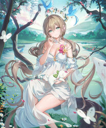 1girl absurdres animal_on_arm bird blue_bird breasts brown_hair bug butterfly cleavage commentary dress earrings flower green_eyes green_nails hair_between_eyes head_wreath highres hoop_earrings houkisei insect jewelry long_dress long_hair looking_at_viewer low_twintails medium_breasts momoko_(houkisei) original outdoors parted_lips pond side_slit sitting_on_branch sky solo symbol-only_commentary twintails very_long_hair white_dress