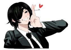 Rule 34 | 1girl, black hair, black jacket, black necktie, chainsaw man, cigarette, collared shirt, eyepatch, formal, heart, himeno (chainsaw man), holding, holding cigarette, jacket, looking at viewer, necktie, parted lips, shirt, short hair, simple background, smile, solo, suit, suit jacket, ten ten 10 10, white background, white shirt
