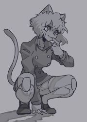 Rule 34 | 1girl, animal ears, bone nig, cat ears, cat girl, cat tail, claws, greyscale, highres, hunter x hunter, looking at viewer, monochrome, neferpitou, short hair, shorts, simple background, slit pupils, solo, squatting, striped clothes, striped shorts, tail, vertical-striped clothes, vertical-striped shorts