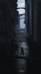 Rule 34 | 1other, absurdres, ambiguous gender, bloodborne, blue theme, brown coat, building, city, coat, copyright name, doodle, facing away, from behind, hat, highres, holding, holding weapon, hunter (bloodborne), moon, outdoors, ruins, saw, saw cleaver, scenery, signature, solo, standing, tripdancer, weapon