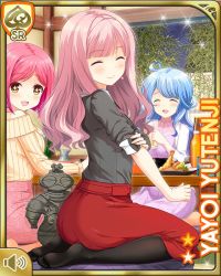 3girls, :d, alcohol, beer, breasts, card, chair, character name, closed mouth, dress, eyebrows visible through hair, eyes closed, gift, girlfriend (kari), indoors, jewelry, kneeling, looking at viewer, medium breasts, medium hair, multiple girls, necklace, night, office, official art, open mouth, pink hair, purple eyes, qp:flapper, red dress, rolling sleeves up, shirt, smile, table, tachibana kyouko (girlfriend (kari)), tagme, teacher, yutenji yayoi