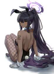 Rule 34 | 1girl, absurdres, ahoge, animal ears, arm tattoo, back, backless leotard, black footwear, black hair, black leotard, blue archive, blue bow, blue bowtie, blush, bow, bowtie, breasts, closed mouth, commentary, dark-skinned female, dark skin, detached collar, expressionless, fake animal ears, fake tail, fishnet pantyhose, fishnets, from behind, full body, gloves, halo, hashtag only commentary, high heels, high ponytail, highres, karin (blue archive), karin (bunny) (blue archive), leotard, long hair, looking at viewer, looking back, medium breasts, noir (noir reveur), number tattoo, official alternate costume, pantyhose, playboy bunny, ponytail, purple hair, purple halo, rabbit ears, rabbit tail, sidelocks, simple background, sitting, solo, strapless, strapless leotard, tail, tattoo, very long hair, white background, white gloves, wrist cuffs, yellow eyes