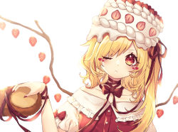 Rule 34 | 1girl, backlighting, bare shoulders, blonde hair, blush, bow, bowtie, cake, collarbone, commentary, english commentary, flandre scarlet, food, food on head, fruit, hair ribbon, heart, kyouda suzuka, leaning to the side, medium hair, nail polish, neck ribbon, object on head, one eye closed, one side up, red eyes, red nails, red ribbon, ribbon, simple background, solo, strawberry, strawberry cake, stuffed animal, stuffed toy, symbol-only commentary, teddy bear, touhou, upper body, white background, wings