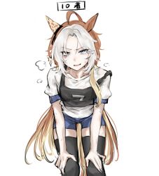 Rule 34 | 1girl, absurdres, aburi-gatana, ahoge, animal ears, black thighhighs, blue shorts, breath, ear covers, exhausted, feet out of frame, furrowed brow, gloom (expression), hands on own thighs, heavy breathing, highres, horse ears, horse girl, horse tail, leaning forward, long hair, looking at viewer, multicolored hair, open mouth, orange hair, orfevre (umamusume), parted lips, shirt, short shorts, short sleeves, shorts, simple background, single ear cover, solo, standing, sweat, sweatdrop, tail, thighhighs, two-tone hair, umamusume, white background, white hair, white shirt