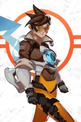 Rule 34 | breasts, brown eyes, brown hair, gloves, goggles, highres, looking at viewer, overwatch, overwatch 1, short hair, simple background, smile, solo, spiked hair, splashbrush, tracer (overwatch), union jack, white background