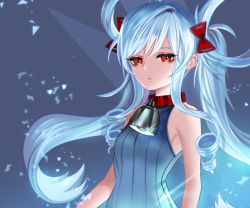 Rule 34 | 1girl, bell, bemani, blue background, blue hair, character request, collar, drill hair, hair rings, lips, ravaniz, red eyes, sleeveless, solo, sound voltex, twintails, upper body