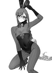 Rule 34 | 1girl, absurdres, animal ears, blush, braid, breasts, detached collar, earrings, fake animal ears, fate/grand order, fate (series), full body, glasses, gloves, greyscale, high heels, highres, jewelry, leotard, long hair, looking at viewer, monochrome, parted lips, playboy bunny, rabbit ears, rabbit tail, scan, simple background, skin tight, small breasts, solo, tail, very long hair, white background, yd (orange maru), yu mei-ren (fate), yu mei-ren (first ascension) (fate)