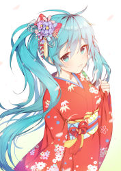 Rule 34 | 1girl, :3, aqua eyes, aqua hair, bad id, bad pixiv id, closed mouth, commentary request, floating hair, floral print, flower, gradient background, hair flower, hair ornament, hatsune miku, japanese clothes, kimono, long hair, obi, petals, red kimono, red ribbon, revision, ribbon, sash, solo, tp (kido 94), twintails, very long hair, vocaloid
