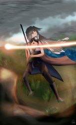 Rule 34 | 1girl, absurdres, ade2, black hair, closed mouth, dodge (company), fighting stance, highres, injury, non-web source, self-upload, standing, sword, weapon, wuthering waves