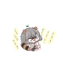 Rule 34 | &gt; &lt;, 0725akaba, 1girl, afterimage, animal ears, black shorts, brown jacket, chibi, closed eyes, closed mouth, cup, grey hair, highres, holding, holding cup, jacket, leaf, long sleeves, mode aim, ponpoko (vtuber), raccoon ears, raccoon girl, raccoon tail, shorts, simple background, solo, striped tail, tail, tongue, tongue out, translation request, virtual youtuber, white background