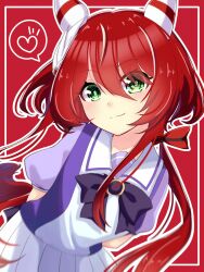 Rule 34 | 1girl, animal ears, arms behind back, blush, breasts, closed mouth, commentary request, green eyes, heart, highres, horse ears, horse girl, looking at viewer, low twintails, meineko lui, red background, red hair, ribbon, school uniform, simple background, small breasts, smile, solo, spoken heart, tracen school uniform, twintails, umamusume, win variation (umamusume)