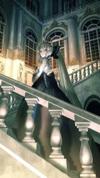 Rule 34 | 1girl, arched window, asagi futsuka, back, back bow, baluster, black bow, black dress, blue eyes, bow, braid, breasts, commentary request, detached sleeves, dress, european architecture, fate/grand order, fate (series), french braid, from side, grey hair, hair bow, highres, large bow, long hair, looking at viewer, looking to the side, morgan le fay (fate), muntins, parted lips, pillar, ponytail, railing, shadow, sidelocks, solo, spikes, stairs, standing, tiara, very long hair, white sleeves, window