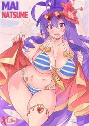 Rule 34 | 1girl, antenna hair, arc system works, bad id, bad pixiv id, beach towel, bikini, blazblue, blazblue alternative: dark war, blazblue remix heart, blazblue variable heart, blush, breasts, character name, cleavage, commentary, covered erect nipples, curvy, english commentary, eyewear on head, fingernails, flower, hair flower, hair ornament, heart, heart-shaped pupils, hibiscus, highres, holding, holding towel, huge breasts, long fingernails, long hair, mai natsume, nail polish, navel, o-ring, o-ring bikini, pink nails, ponytail, purple eyes, purple hair, red-framed eyewear, solo, striped bikini, striped clothes, sunglasses, swimsuit, symbol-shaped pupils, teeth, thick thighs, thighlet, thighs, towel, underboob, upper teeth only, very long hair, x-t3al, zipper pull tab