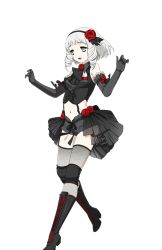 Rule 34 | 1girl, ascot, bare shoulders, black footwear, boots, drill hair, elbow gloves, fishnet thighhighs, fishnets, flower, full body, gloves, grey eyes, hairband, himekouji yuki, midriff, navel, official art, open mouth, overskirt, pale skin, red flower, red rose, ring dream, rose, short hair, shorts, silver hair, simple background, smile, solo, suspenders, thighhighs, transparent background, wrestling outfit, yorumura shiro