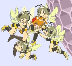 Rule 34 | 5girls, antennae, arthropod girl, bee, bee girl, brown hair, bug, child, food, fruit, honeycomb (pattern), honeycomb background, honeycomb pattern, hornet girl, insect, insect girl, melon, monster girl, multiple girls, one eye closed, original, pukao, short hair, wasp, wasp girl, wings, wink