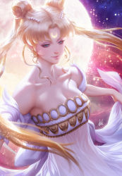 Rule 34 | 1girl, armpits, backlighting, bare shoulders, beads, bishoujo senshi sailor moon, blonde hair, blue eyes, breasts, cleavage, closed mouth, collarbone, commentary, crescent, crescent facial mark, double bun, dress, earrings, english commentary, facial mark, floating hair, forehead mark, full moon, hair beads, hair bun, hair ornament, half-closed eyes, highres, jewelry, light particles, lips, long hair, looking away, looking down, makeup, mascara, medium breasts, moon, motion blur, nose, parted bangs, princess serenity, realistic, signature, skirt hold, sky, smile, solo, stanley lau, star (sky), starry sky, strapless, strapless dress, tsukino usagi, twintails, white dress, wind