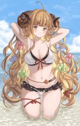 Rule 34 | 1girl, absurdres, ahoge, anila (granblue fantasy), anila (summer) (granblue fantasy), arms behind head, arms up, bare shoulders, beach, bikini, blonde hair, blue sky, blunt bangs, blush, breasts, cleavage, closed mouth, cloud, collarbone, day, draph, frilled bikini, frills, granblue fantasy, hair ornament, highres, horizon, horns, hoshido1214, large breasts, layered bikini, leg ribbon, light smile, long hair, looking at viewer, navel, ocean, official alternate costume, outdoors, partially submerged, red ribbon, ribbon, seiza, sheep horns, short eyebrows, sidelocks, sitting, sky, smile, solo, stomach, swimsuit, thick eyebrows, thigh ribbon, thighs, very long hair, water, white bikini, yellow eyes
