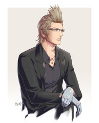 Rule 34 | 10s, 1boy, artist name, brown gloves, brown hair, final fantasy, final fantasy xv, formal, glasses, gloves, green eyes, grey gloves, hinoe (dd works), ignis scientia, jacket, jewelry, male focus, necklace, open clothes, open jacket, solo, upper body