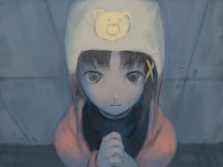 Rule 34 | 1990s (style), 1girl, asymmetrical hair, brown eyes, brown hair, from above, hair tie, own hands clasped, hat, hood, hoodie, iwakura lain, komonkingeno, looking at viewer, own hands together, serial experiments lain, solo