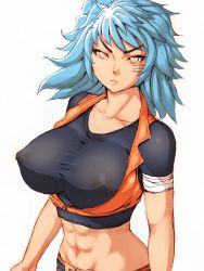 Rule 34 | 10s, 1girl, abs, annoyed, bandages, belt, blue hair, breasts, collarbone, covered erect nipples, fumio (rsqkr), gender request, genderswap, large breasts, long hair, looking at viewer, midriff, navel, scar, see-through, shirt, short hair, simple background, solo, taut clothes, taut shirt, toriko, toriko (series), toriko (toriko), white background, yellow eyes