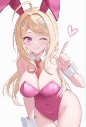 1girl ;) absurdres akamatsu_kaede animal_ears between_breasts breasts covered_navel cowboy_shot danganronpa_(series) danganronpa_v3:_killing_harmony detached_collar groin hand_up heart highres keke_(xfxyuio) leotard long_hair necktie necktie_between_breasts one_eye_closed pink_eyes pink_leotard rabbit_ears red_necktie smile solo thigh_gap wrist_cuffs