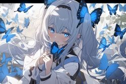 Rule 34 | 1girl, blue eyes, bug, butterfly, closed mouth, hatsuno xxx, insect, solo, white hair