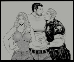 Rule 34 | 1girl, 2boys, arm around waist, arm hair, bara, beard, belt, bisexual male, blush, boy and girl sandwich, breasts, bulge, eye contact, facial hair, feet out of frame, greyscale, hairy, hand on another&#039;s waist, highres, holding another&#039;s wrist, large breasts, large pectorals, looking at another, mature male, monochrome, multiple boys, muscular, muscular male, original, pectorals, police, police uniform, policeman, sandwiched, short hair, sideburns, tank top, tarowo, uniform