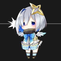 Rule 34 | 1girl, amane kanata, armband, black background, black footwear, black skirt, blue bow, blue hair, blue socks, blue wings, blush, bob cut, bow, chibi, colored inner hair, feathered wings, frilled skirt, frills, full body, gradient wings, grey hair, hair ornament, hair over one eye, halo, highres, hololive, jacket, long sleeves, multicolored hair, multicolored wings, newtype flash, parted lips, pink hair, plaid, plaid legwear, purple eyes, sasakura momiji, shoes, simple background, single hair intake, skirt, sleeves past wrists, socks, solo, standing, star halo, streaked hair, two-tone hair, virtual youtuber, white jacket, white wings, wings