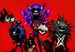 Rule 34 | 3boys, black sclera, blood on hands, claws, colored sclera, crystal, exe (revie), faker (revie), gloves, guro, highres, internal x (sonic.exe), looking at viewer, lord x (sonic.exe), multiple boys, open mouth, red eyes, scar, scar on chest, sharp teeth, shefki, size difference, sonic.exe, sonic (series), sonic the hedgehog, teeth, white gloves, x, xenophanes (sonic.exe)