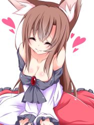 Rule 34 | 1girl, animal ears, asn s, bad id, bad pixiv id, bare shoulders, blush, breasts, brooch, brown hair, cleavage, closed eyes, collarbone, facing viewer, heart, highres, imaizumi kagerou, jewelry, large breasts, long hair, long sleeves, simple background, smile, solo, touhou, upper body, v arms, white background, wolf ears