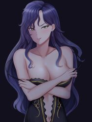 Rule 34 | 1girl, bare shoulders, binro ya8533, black dress, black hair, blush, breasts, center opening, cleavage, collarbone, dress, dress straps, earrings, fire emblem, fire emblem: the blazing blade, highres, jewelry, large breasts, lipstick, long hair, looking at viewer, makeup, mature female, navel, nintendo, off shoulder, smile, solo, sonia (fire emblem: the blazing blade), strap pull, undressing, upper body, very long hair, yellow eyes