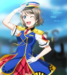 Rule 34 | 1girl, ;d, anchor symbol, anibache, blue eyes, blurry, blurry background, character name, dated, dress, earrings, epaulettes, gloves, grey hair, hand on own hip, happy birthday, happy party train, hat, heart, heart earrings, jewelry, looking at viewer, love live!, love live! sunshine!!, necktie, one eye closed, open mouth, red necktie, salute, short hair, short sleeves, smile, solo, watanabe you, white gloves