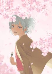 Rule 34 | 1boy, 9640chikin, androgynous, belt, blue eyes, blush, brown jacket, brown pants, cherry blossoms, commentary request, dango, ear piercing, earrings, flower, food, grey belt, highres, jacket, jewelry, long sleeves, looking at viewer, male focus, open mouth, otsuki lin, pants, piercing, pink flower, red shirt, shirt, short hair, smile, solo, teeth, tree, uniteup!, wagashi, white background, white hair