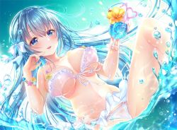 Rule 34 | 1girl, bare shoulders, bikini, blue eyes, blue hair, bow, bracelet, breasts, breasts apart, collarbone, cup, drinking glass, drinking straw, emori miku, floating hair, flower, frilled bikini, frills, front-tie bikini top, front-tie top, hair bow, halterneck, hibiscus, holding, holding cup, jewelry, large breasts, liver city, long hair, looking at viewer, navel, parted lips, sakura moyon, smile, solo, swimsuit, tropical drink, very long hair, water, white bikini, white bow, yellow flower