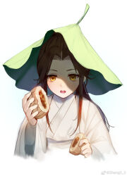 Rule 34 | 1boy, :o, aged down, artist name, bishounen, blush, brown eyes, brown hair, chinese clothes, chinese commentary, chu wanning, commentary request, erha he tadebai mao shizun, food, food request, hand up, hanfu, highres, holding, holding food, leaf, leaf on head, long hair, long sleeves, looking at viewer, male focus, open mouth, parted bangs, ponytail, robe, sheng3 3, sidelocks, simple background, solo, teeth, upper body, upper teeth only, weibo logo, weibo watermark, white background, white robe, wide sleeves, xia sini