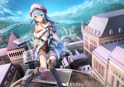 Rule 34 | 1girl, aqua eyes, aqua hair, arms at sides, asymmetrical legwear, bad id, bad pixiv id, bare shoulders, belt, belt buckle, black neckwear, black ribbon, blue sky, boots, breasts, brown dress, buckle, building, choker, cloud, cloudy sky, collarbone, cross-laced footwear, day, dress, frilled skirt, frills, gloves, gradient hair, green hair, hair between eyes, high heel boots, high heels, highres, house, knee boots, lace-up boots, lake, lee (saraki), leg ribbon, long hair, medium breasts, mountain, multicolored hair, original, outdoors, ribbon, ribbon choker, saraki, scenery, sitting, sitting on stairs, skirt, sky, solo, stairs, strapless, strapless dress, thigh boots, thigh strap, thighhighs, town, uneven legwear, water, white gloves