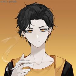 Rule 34 | 1boy, bags under eyes, between fingers, bishounen, black hair, black jacket, character request, cigarette, closed mouth, collarbone, earrings, fingernails, furrowed brow, gradient background, highres, holding, holding cigarette, hood, hood down, hooded jacket, hoop earrings, jacket, jewelry, light frown, looking at viewer, male focus, open clothes, open jacket, qian linlin, real life, shirt, short hair, simple background, snow man (jpop), solo, upper body, yellow background, yellow eyes, yellow hood, yellow shirt