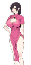 Rule 34 | 1girl, black hair, breasts, china dress, chinese clothes, cleavage cutout, clothing cutout, covered erect nipples, dress, earrings, hand on own hip, jewelry, kurofudo, large breasts, legs, lips, long hair, original, side slit, simple background, solo, thighs, white background, yellow eyes