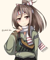 Rule 34 | 1girl, brown eyes, brown hair, camouflage, hachimaki, hair ribbon, headband, high ponytail, highres, kantai collection, long hair, looking at viewer, muneate, remodel (kantai collection), ribbon, scarf, simple background, smile, solo, twitter username, upper body, white background, white scarf, yakob labo, zuihou (kancolle)