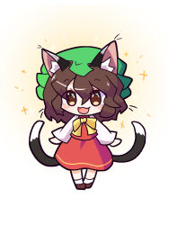 Rule 34 | 1girl, :d, animal ear fluff, animal ears, bow, bowtie, brown eyes, brown footwear, brown hair, cat ears, cat tail, chen, chibi, gakubutiudonn449, green hat, hat, highres, long sleeves, mob cap, multiple tails, nekomata, open mouth, red skirt, red vest, shirt, shoes, short hair, skirt, skirt set, smile, solo, tail, touhou, two tails, vest, white background, white shirt, yellow bow, yellow bowtie