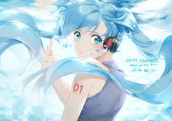 Rule 34 | 1girl, air bubble, aqua hair, blue eyes, blue hair, breath, bubble, blowing bubbles, happy birthday, hatsune miku, headphones, holding breath, long hair, pointing, pointing at viewer, pointing finger, satsuma, submerged, twintails, underwater, vocaloid