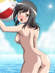 Rule 34 | 1girl, :o, arm up, ass, back, ball, beachball, black hair, blush, breasts, brown eyes, cloud, embarrassed, female focus, from behind, ichijou hotaru, kororofu, large breasts, leaning, leaning forward, legs, lens flare, long hair, looking at viewer, looking back, nipples, non non biyori, nude, ocean, one eye closed, open mouth, shiny skin, short hair, shy, sky, smile, solo, standing, sun, surprised, sweat, water, wet