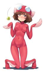Rule 34 | 10s, 1girl, akiyama yukari, anglerfish costume, blush, bodysuit, breasts, brown eyes, brown hair, cameltoe, covered navel, covered erect nipples, fish costume, girls und panzer, hat, highres, impossible clothes, kneeling, looking at viewer, medium breasts, michairu, short hair, solo, white background
