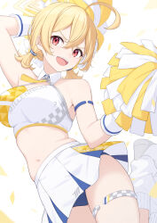 Rule 34 | 1girl, ;d, absurdres, arm behind head, arm up, bare shoulders, blonde hair, blue archive, blue panties, blush, breasts, cheering, cheerleader, commentary request, crop top, detached collar, hair between eyes, halo, hand up, highres, hip focus, jumping, kotori (blue archive), kotori (cheer squad) (blue archive), legs folded, legs up, looking at viewer, medium breasts, midriff, miniskirt, navel, ochiai miyabi, one eye closed, open mouth, panties, pantyshot, pleated skirt, pom pom (cheerleading), red eyes, skirt, smile, solo, teeth, thighs, twintails, underwear, upper teeth only