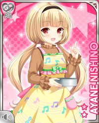 Rule 34 | 1girl, apron, blonde hair, bow, brown pants, brown sweater, card, character name, girlfriend (kari), gloves, headband, musical note, nishino ayane, official art, open mouth, pants, pink background, pink bow, qp:flapper, red eyes, smile, solo, sweater, tagme, twintails, yellow apron