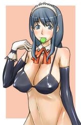 Rule 34 | 1girl, blue eyes, blue hair, blush, bra, breasts, cleavage, condom, condom in mouth, detached collar, elbow gloves, enoshima iki, gloves, huge breasts, large breasts, lingerie, long hair, looking at viewer, maid, maid headdress, matching hair/eyes, mole, mole under eye, mouth hold, original, outside border, solo, underwear