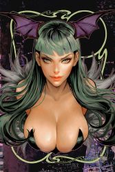 Rule 34 | 1girl, bare shoulders, black background, black leotard, blunt bangs, breasts, cleavage, demon girl, demon wings, feather trim, green eyes, grey hair, head wings, highres, large breasts, leotard, long hair, looking at viewer, mole, mole under mouth, morrigan aensland, solo, sozomaika, strapless, strapless leotard, upper body, vampire (game), wings