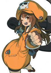 Rule 34 | 1girl, absurdres, anchor, anchor symbol, backpack, bag, black shorts, brown eyes, brown hair, cowboy shot, fingerless gloves, from above, gloves, guilty gear, guilty gear strive, highres, hood, hoodie, long hair, looking at viewer, may (guilty gear), nakahara kaihei, one eye closed, open mouth, orange headwear, orange hoodie, shoes, short shorts, shorts, simple background, skull and crossbones, smile, solo, white background